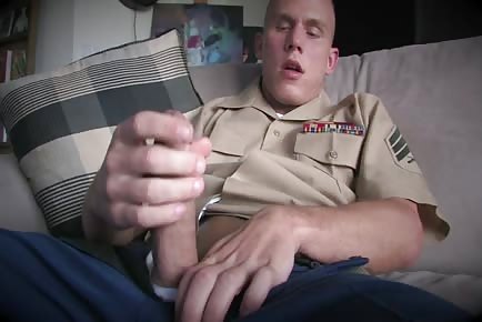 Marine SGT strokes and masturbates his thick cock closeup